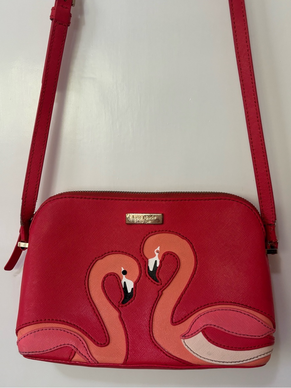 kate spade| ‘By the Pool’ Red & Coral Flamingo Leather Crossbody Bag Purse